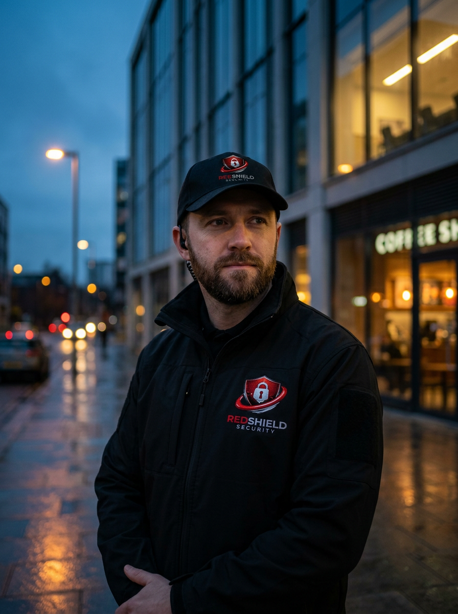 Red Shield Security officer on duty outside a UK office building